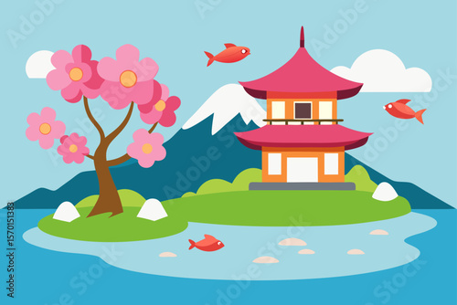Serene Japanese Garden with a Koi Pond and Cherry Blossoms