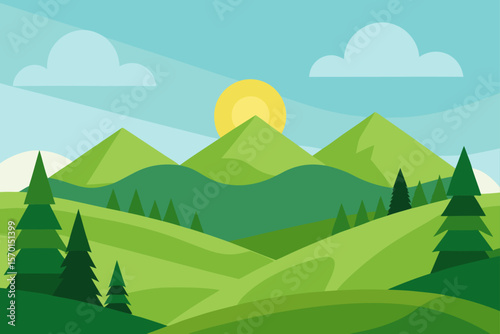 Serene Landscape Illustration Green Hills and Evergreen Trees