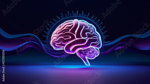 Glowing 3D brain icon with swirling light rays and futuristic tech lines, electric blue and purple color scheme, on dark indigo to midnight blue ombre background, high-tech minimalistic concept