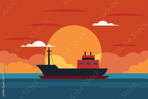 Ship Sailing at Sea During Sunset