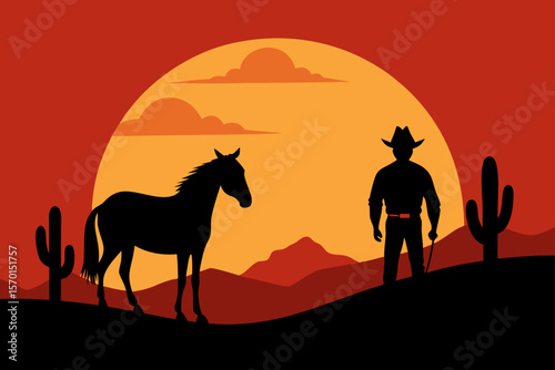 Silhouette of a Cowboy and a Horse at Sunset