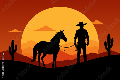 Silhouette of a Cowboy and a Horse at Sunset