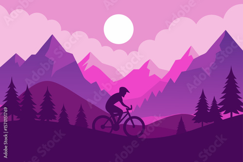 Silhouette of Mountain Bike Rider in Wild Nature Landscape