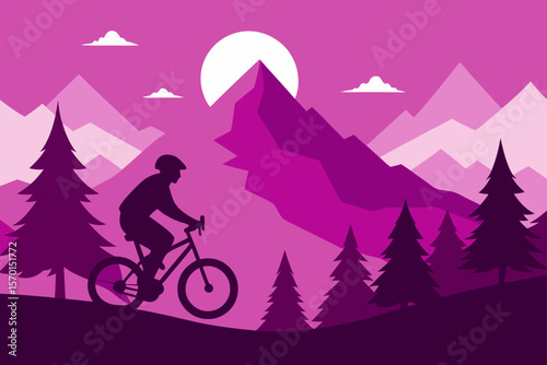 Silhouette of Mountain Bike Rider in Wild Nature Landscape