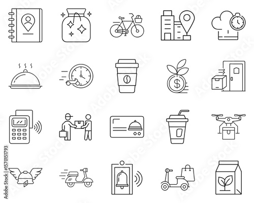 Food delivery vector icon set featuring various delivery symbols in black silhouettes