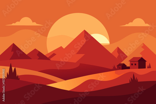 Sunset Desert Landscape Vector Illustration with Mountains