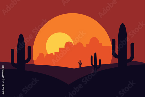 Sunset Glow Behind a Silhouette of Cacti in the Desert