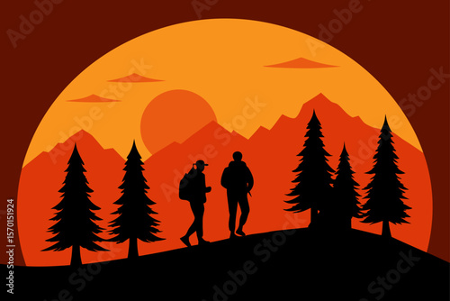 Sunset Hike with Silhouettes of Pine Trees