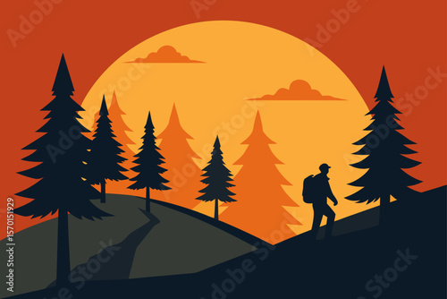 Sunset Hike with Silhouettes of Pine Trees