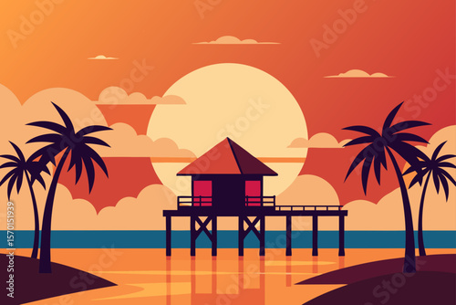 Sunset in Tropical Beach in Summer with Pier and Boats