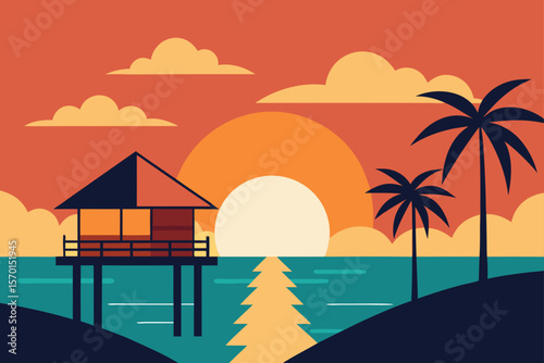 Sunset in Tropical Beach in Summer with Pier and Boats