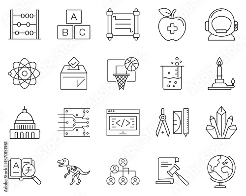 Black silhouette icons representing various school subjects