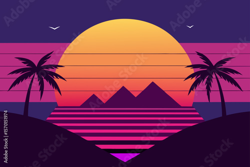 Synthwave Sunset on Tropical Beach 2D Illustration
