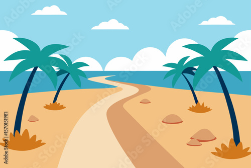 Tranquil Beachside Path Lined with Shells and Palms