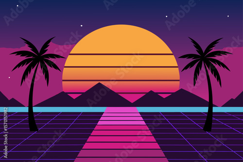 Synthwave Sunset on Tropical Beach 2D Illustration