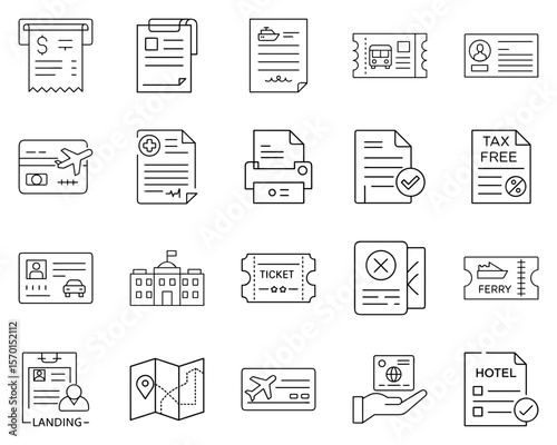 Vector icons of essential travel documents, papers, and tickets