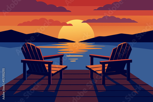 Two Wooden Chairs on a Wood Pier Overlooking a Lake