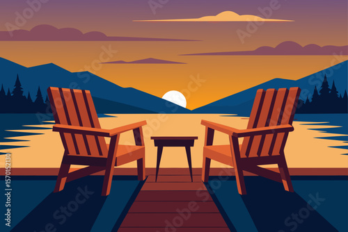 Two Wooden Chairs on a Wood Pier Overlooking a Lake
