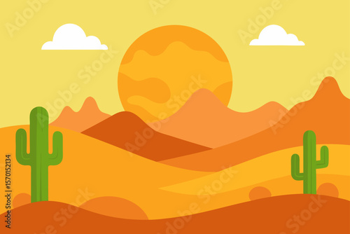 Vector Nature Background of a Cartoon Desert with Cactus