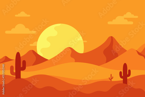 Vector Nature Background of a Cartoon Desert with Cactus