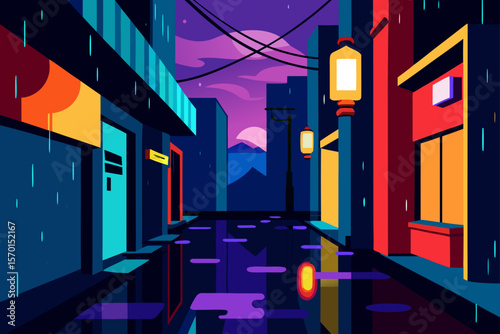 Vibrant Night Street Scene in a Rainy Tokyo Alley