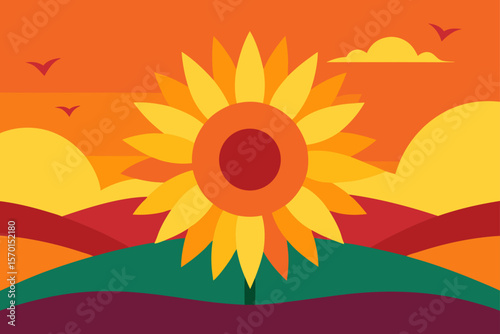 Vibrant Sunflower Sunset A Summer Landscape Illustration