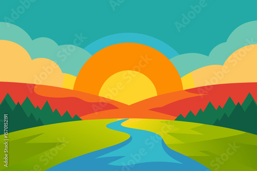 Vibrant Sunrise Over a Calm Countryside Riverbend