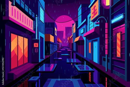 Vibrant Night Street Scene in a Rainy Tokyo Alley