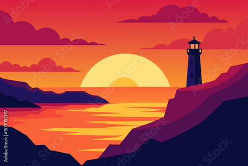 Vibrant Sunset Over Coastal Cliffs and Lighthouse