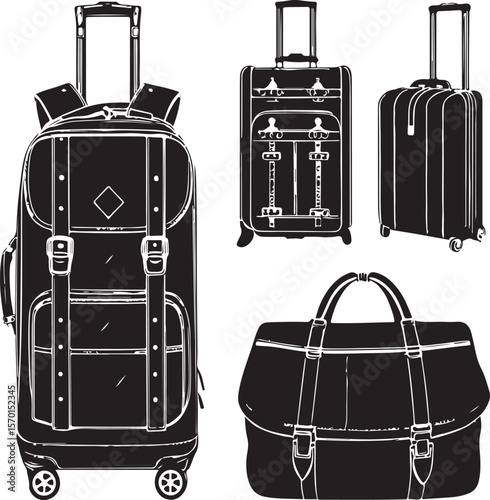 A collection of travel luggage illustrations depicting various styles of suitcases and travel bags