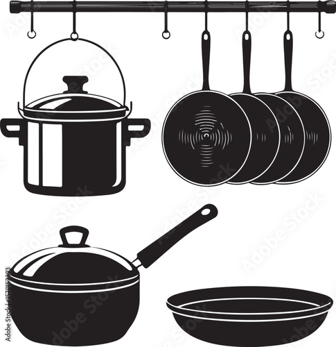 Black and white illustration of various kitchen cookware hanging on a metal rack
