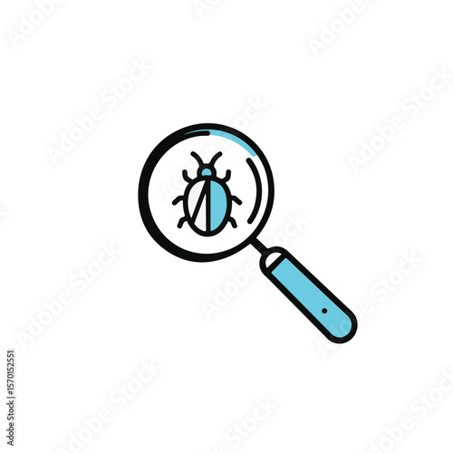 A magnifying glass inspecting a bug icon, emphasizing the concept of inspection and debugging.