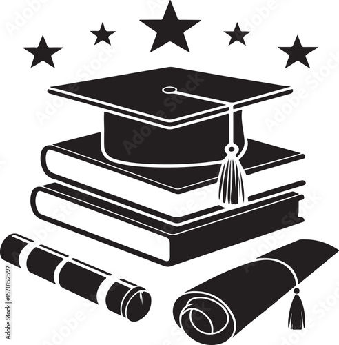 Graduation cap books diploma and stars vector illustration for education achievement concepts