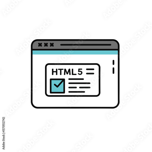 A flat graphic illustration of a browser window displaying an HTML5 document with a checked box, symbolizing validation and web development.