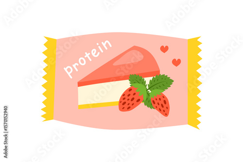 Flat protein cake dessert in packet isolated on white background. Strawberry cheesecake. High protein dessert or snack.