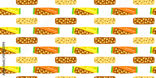 Seamless pattern with cute flat granola bars on white background.