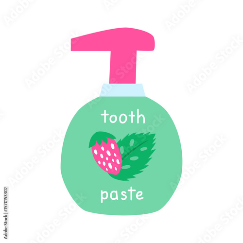 Hand drawn flat tooth paste in dispenser bottle with strawberry and mint isolated on white background. Hand written text.