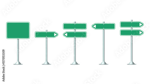Street Sign Vector Set – Green Directional Road Signs with Metal Poles – Blank Navigation Symbols for Traffic Design, City Maps, and Wayfinding Graphics

