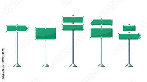 Green Street Sign Collection – Blank Road Signage Isolated on White Background – Vector Illustration for Maps, Navigation, Transportation Design, Urban Planning, and Traffic Concepts

