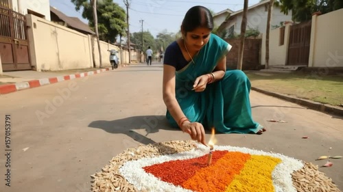 Woman Creates Intricate Rangoli Design with Colorful Materials for Celebration