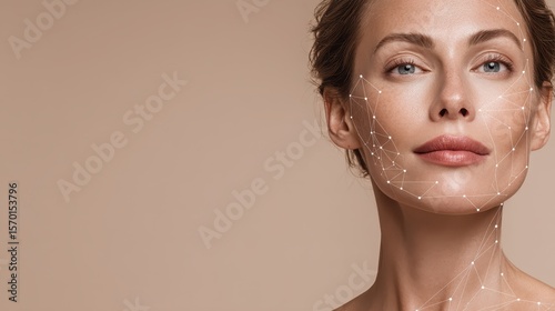 White molecules structure near sensual woman face with lifting lines. Over beige background. Beauty science concept.