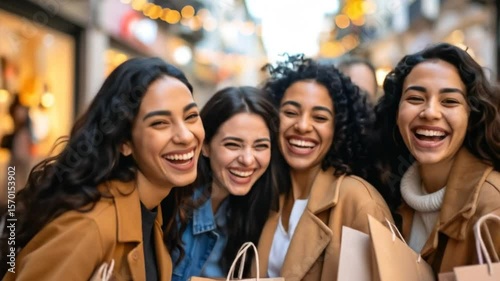 Cheerful women's group enjoying a shopping trip together, smiles and bags