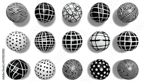 Spheres with black and white geometric patterns round