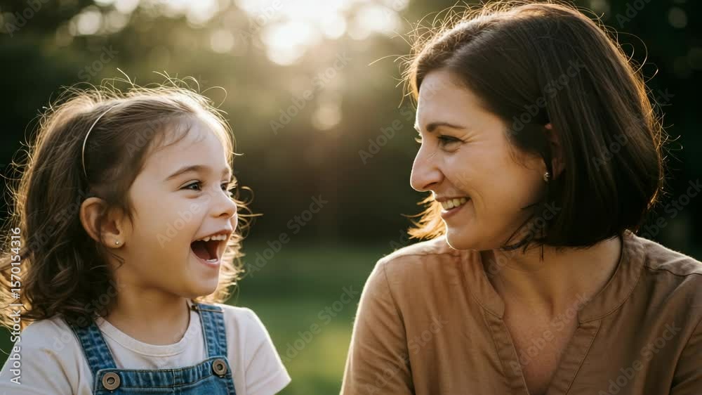 Mother and daughter laughing together in outdoor sunlight Mother and daughter laughing together in outdoor sunlight