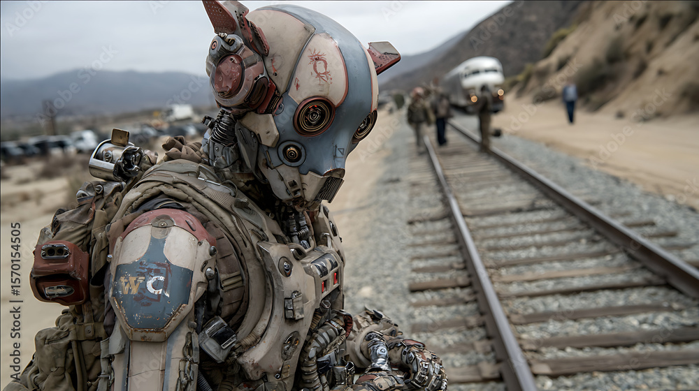 Fototapeta premium A futuristic robot stands near train tracks in a desolate landscape.