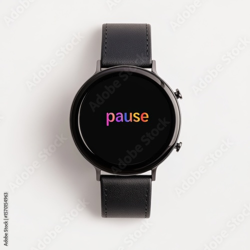A sleek black smartwatch with a leather strap displays the word 