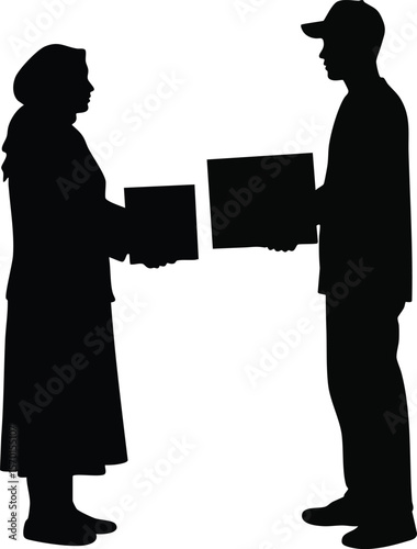 Silhouette of man and woman exchanging packages in simple black vector design illustration