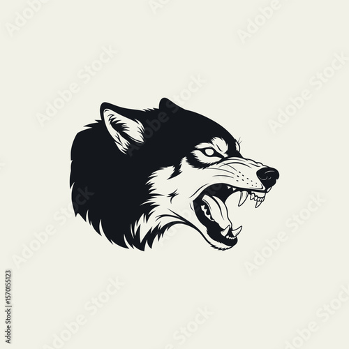 Vector illustration of a ferocious wild animal wolf head with bared teeth, predatory dog ​​suitable for tattoo, mascot or black art design