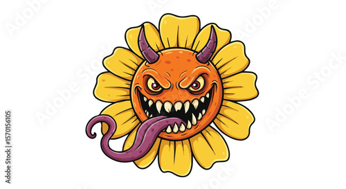 Evil Cartoon Flower with Devil Horns and Fangs