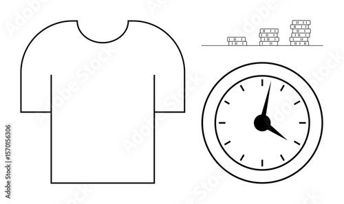 T-shirt, analog clock, and stacked coins represent work-life balance, time value, budgeting, decision-making, productivity, minimalism and economic priorities. Ideal for simple flat metaphor